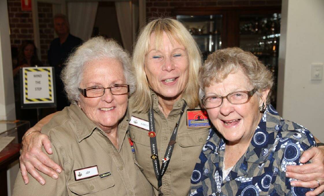 Army Museum South Queensland volunteers, Joy Wilson, Karen Corkery and
Pixie Annat enjoying the Launch of the Light Horse Exhibition in WW1 at
Victoria Barracks, Brisbane.