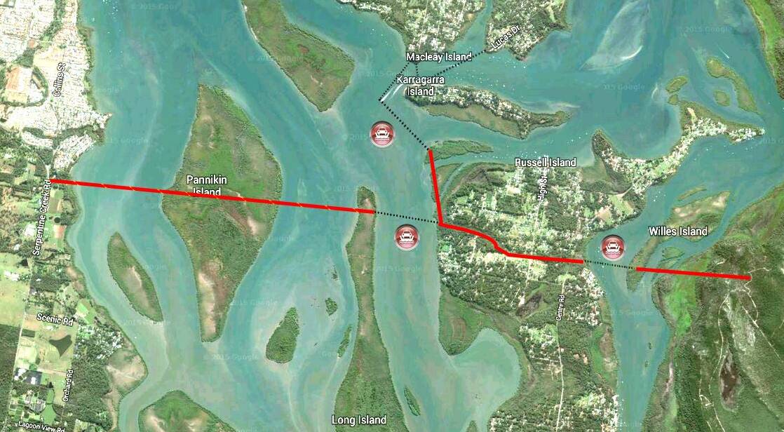 The plan for a cable barge from the Mosquito Helicopter site on Serpentine Creek Road to Russell Island and on to Stradbroke Island. 