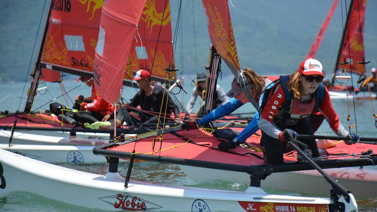 Year 12 Ormiston College student Haylie Andrews and her 17-year-old friend Milly MacFarlane compete in Hobie 16 Women’s division to finish fourth in the World Championships in China this month.
