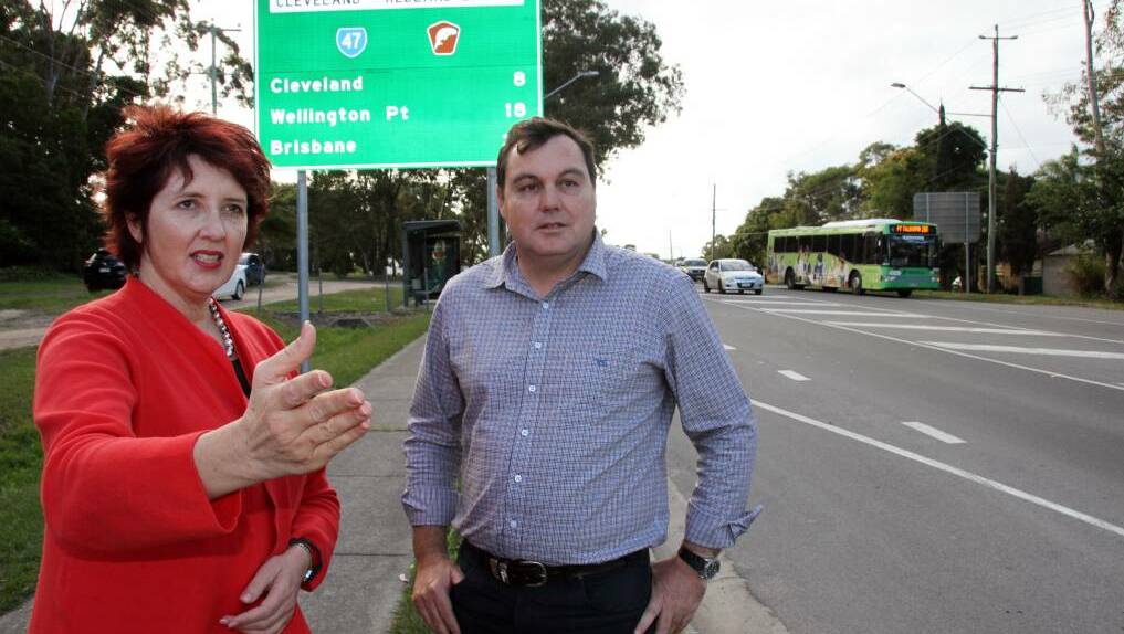 Redlands MP Matt McEachan and Shadow Transport Minister Fiona Simpson survey Cleveland- Redland Bay Road where Mr McEachan has asked the government to spend some of the $15million raised from the sale of the Mt Cotton Driver Training Centre.