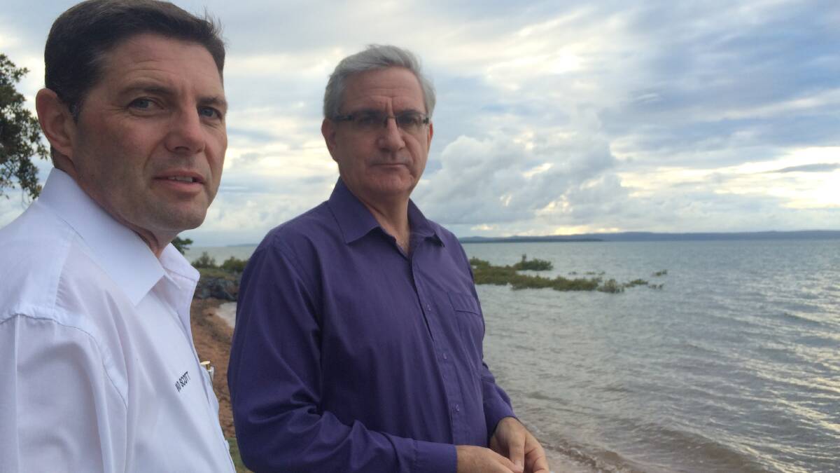 Bowman Greens candidate Brad Scott, left, with Greens Senate candidate Andrew Bartlett at the Cleveland foreshore with North Stradbroke Island in the background. PHOTO: Judith Kerr 