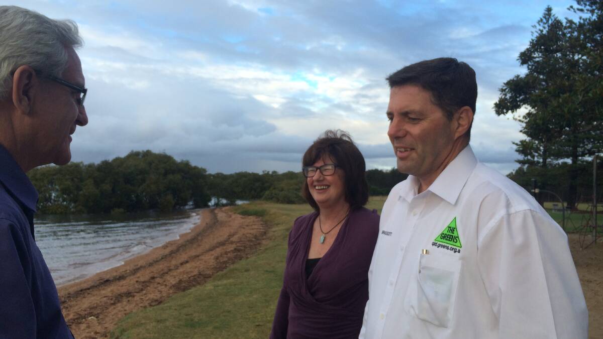 Greens party members, from left, Andrew Bartlett, Kathy Mazlin and Brad Scott say a solar-powered electricity plant on Straddie would create jobs and reduce the need for a large-scale redevelopment of Toondah Harbour. PHOTO: Judith Kerr