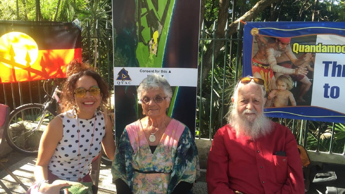 Aunty Joan Hendrik, centre, and Uncle Bob Anderson both spoke at the protest. 