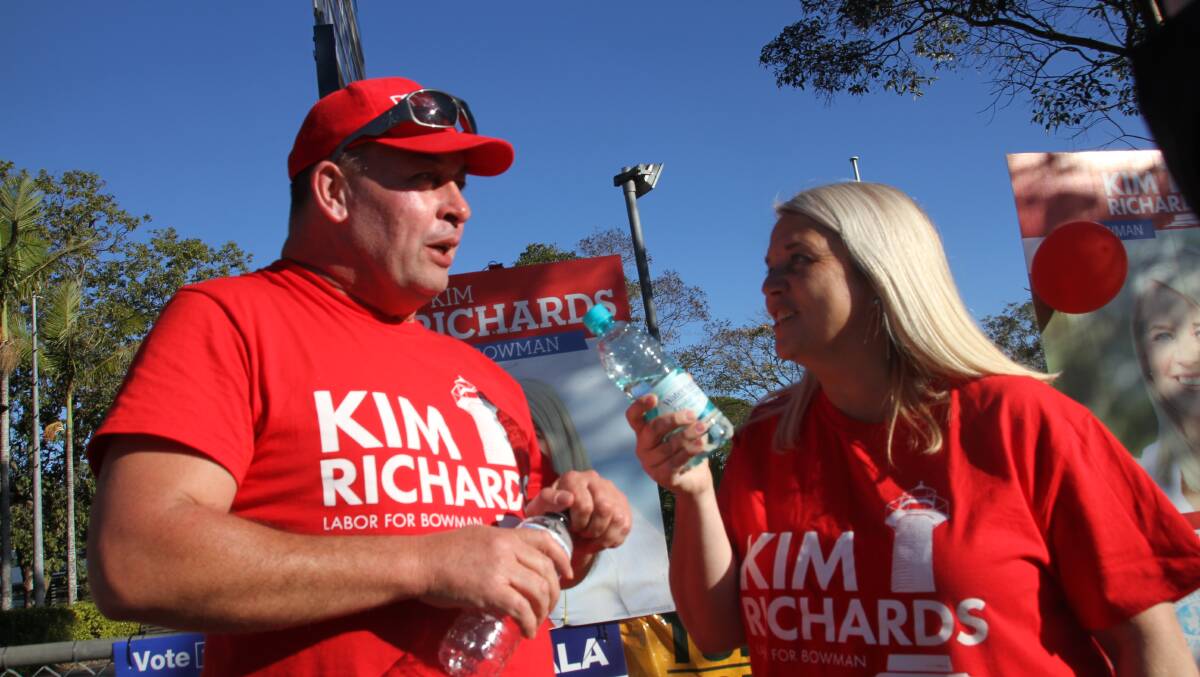 ALP candidate Kim Richards conducts her own style of interview with supporter Tony Sweet. PHOTO: REX COLE