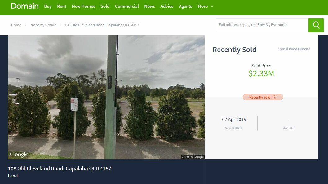 A screenshot from Domain showing the sale price of $2.33million for land next to the Capalaba Football Club. 