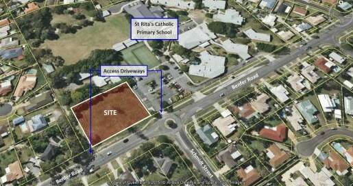An aerial view of the planned development site and St Rita's Catholic Primary School showing the driveway access. 