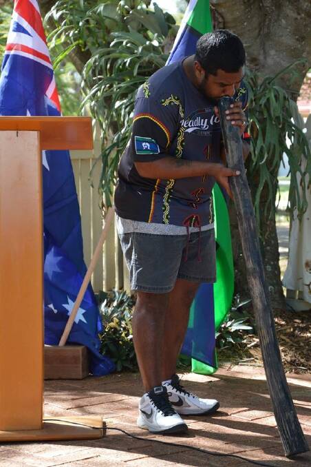 Didjeridoo player Matthew Chilly performs at the Sorry Day ceremony at Cooee Centre. 