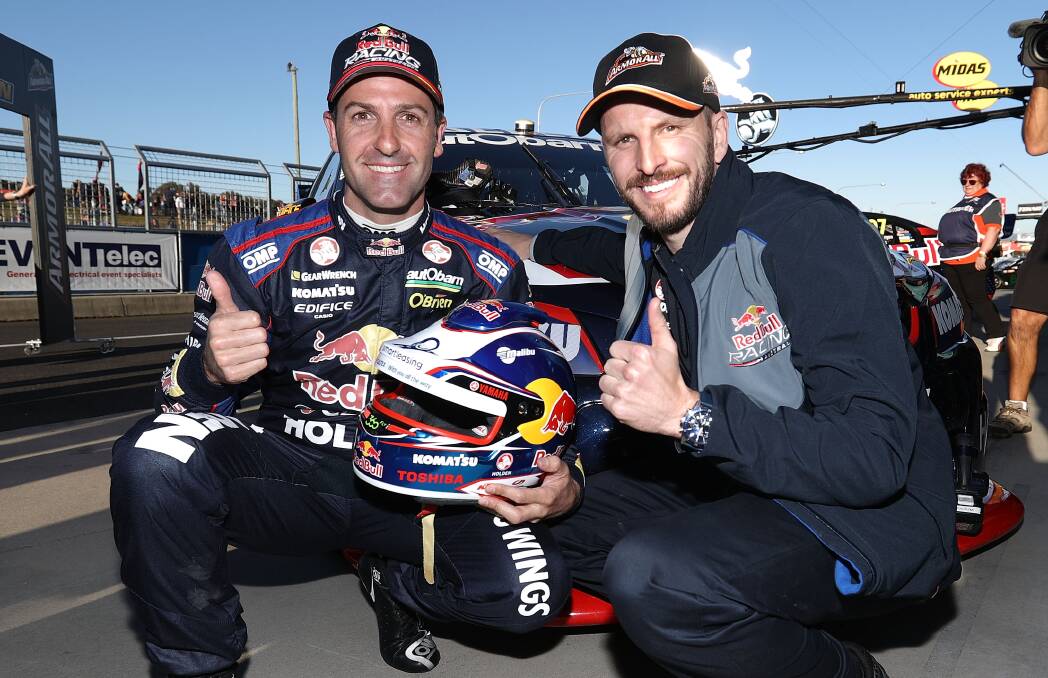 POLE POSITION: Jamie Whincup and his co-driver Paul Dumbrell were all smiles after the top 10 shootout. Photo: GETTY IMAGES