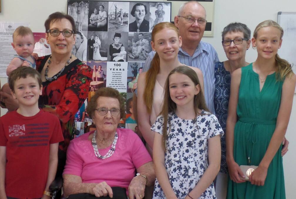 TOP 100: Evelyn Derbyshire at the Nandeebie Centre of Care celebrating her 100th birthday with her children and great-grandchildren.