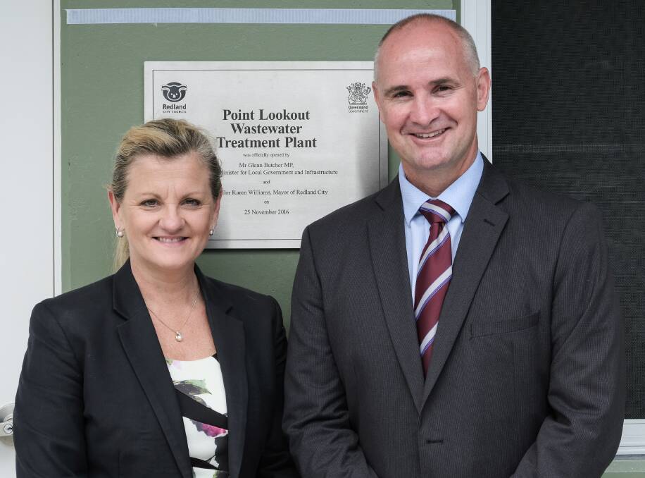 PLANT OPENS: Redland City Mayor Karen Williams and MP Glenn Butcher at the opening of the Point Lookout wastewater treatment plant, North Stradbroke Island. 
