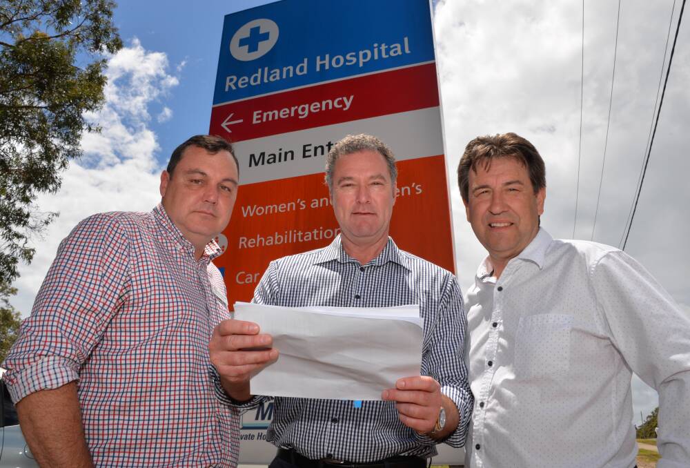 HOSPITAL ROW: MP Matt McEachan, Opposition health spokesman John Langbroek and MP Mark Robinson.