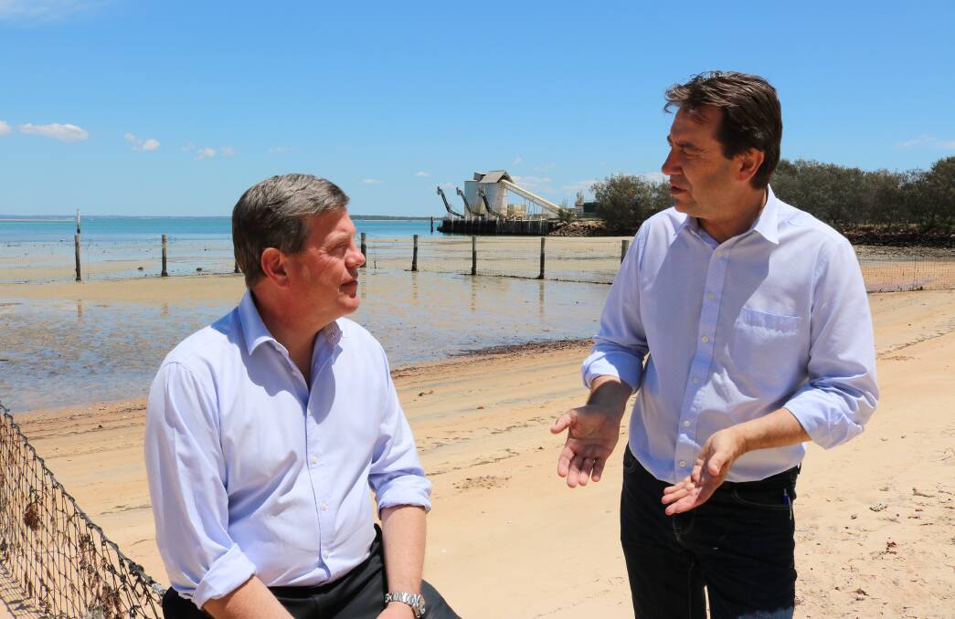 CONCERNS ON JOBS: Opposition leader Tim Nicholls with MP Mark Robinson at Dunwich on North Stradbroke Island where concerns have been raised about the sand mining close down.