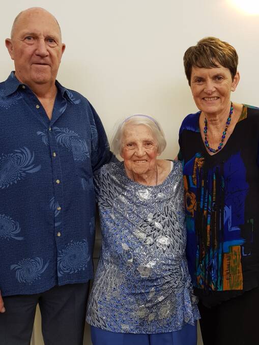 BEST WISHES: Edna Cox on her 100th birthday with daughter Carole Hooper and son-in-law Les Hooper.
 