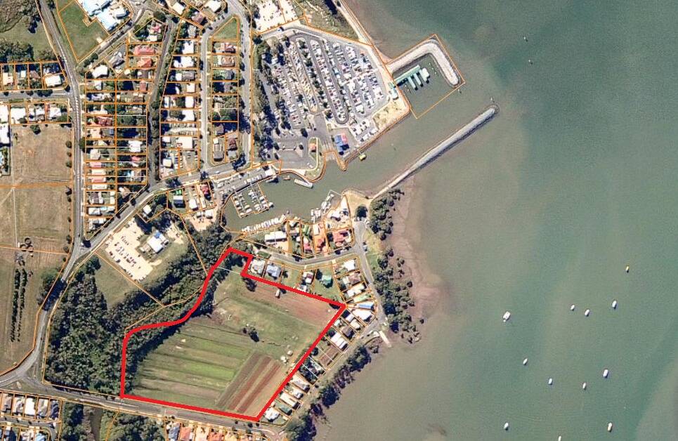 LAND ACQUISITION: Redland City Council bought Moores farm, outlined in red, south of the ferry terminal. Photo: Redland City Council