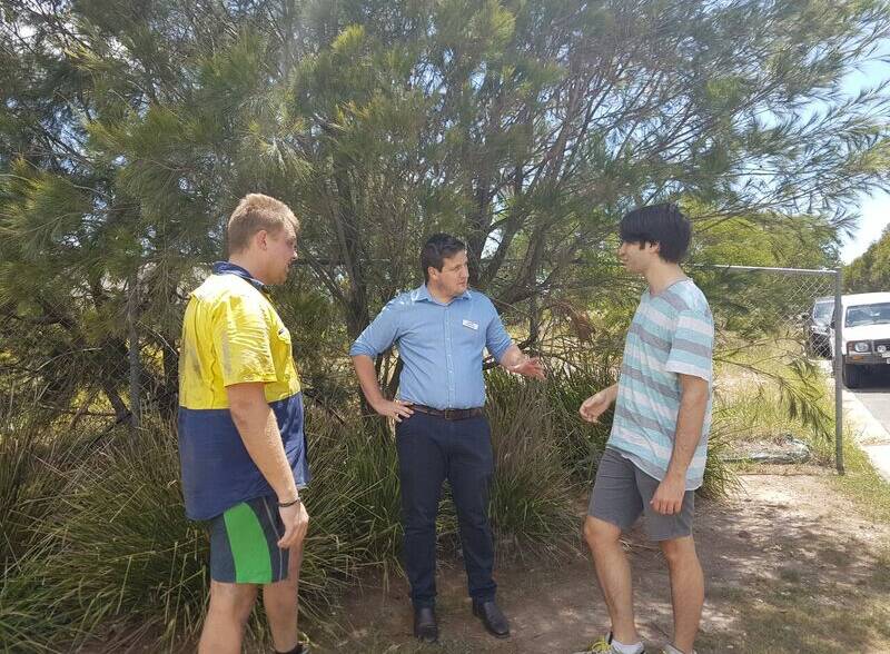 ICE WAR: LNP Capalaba candidate Cameron Leafe, centre, with Jake Thompson from Manly West, left, and  Gabriel Martino of Capalaba.
