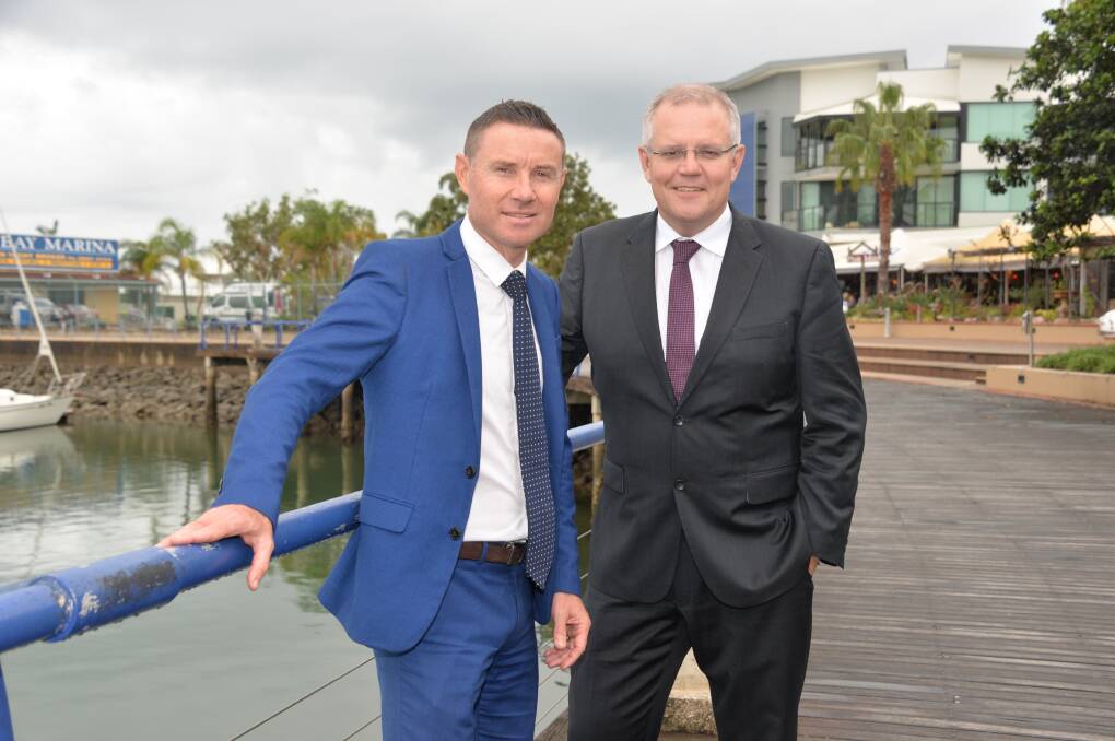 BUDGET SELL: Bowman MP Andrew Laming and federal treasurer Scott Morrison at Raby Bay.