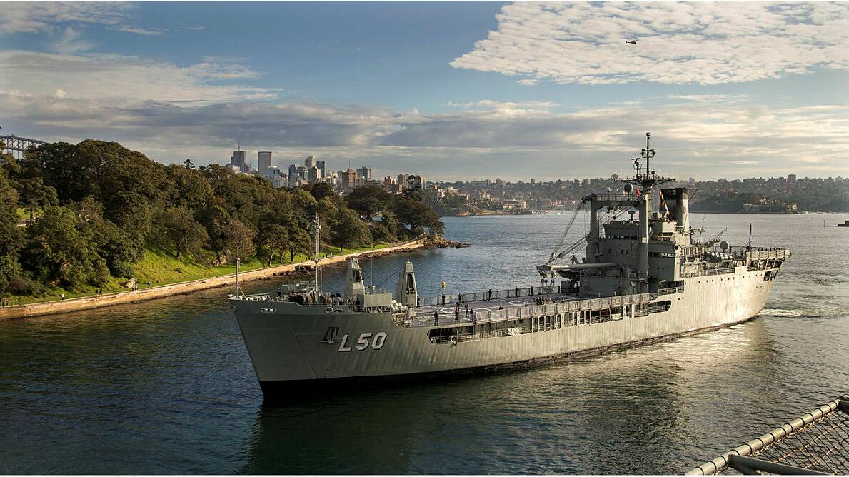 HMAS Tobruk in Sydney Harbour. Divers hope the ship is heading north.