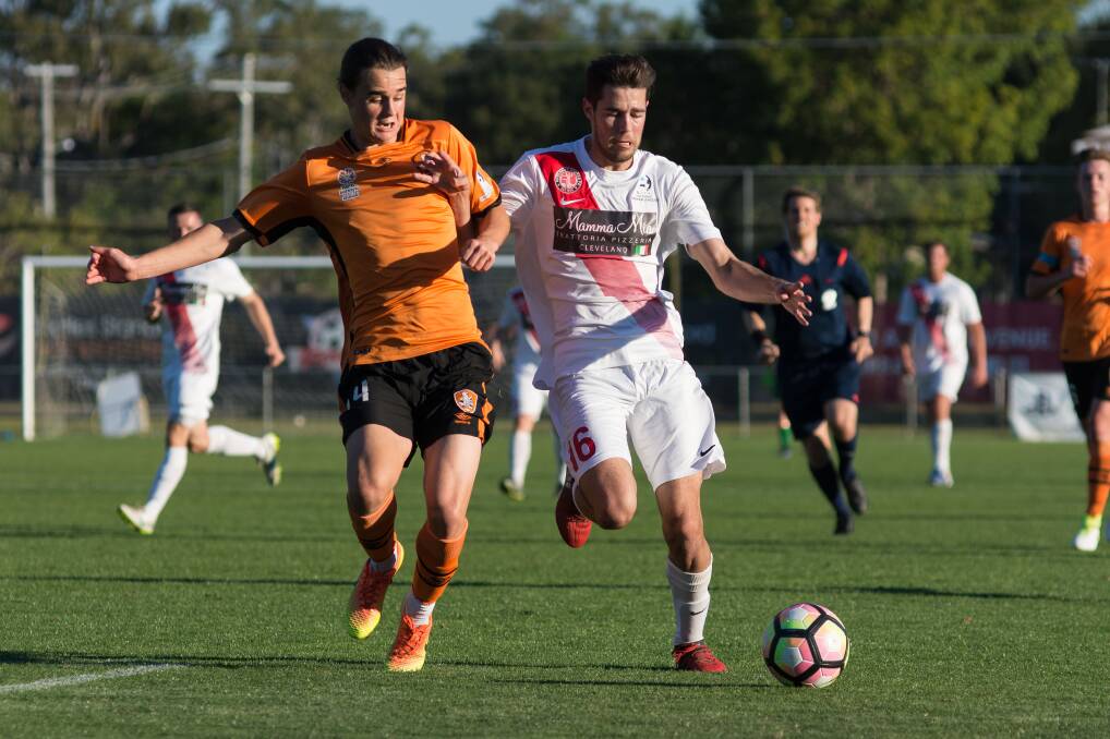 TENACIOUS: Redlands forward Luke Hendrix proved a handful for the Brisbane Roar Youth defence in the final round of the PlayStation 4 NPL Queensland competition for 2017 on Sunday. Picture: Andrew Hudson