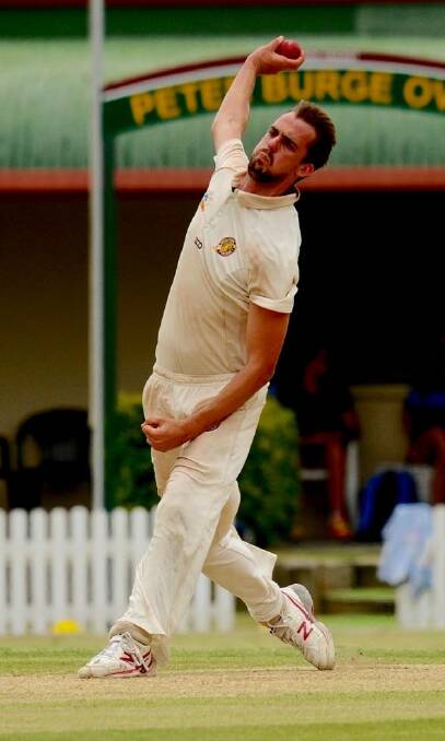 First Grade bowler Jon Stimpson in action last Saturday against Northern Suburbs. Jon took 3 wickets for 14 runs. Picture: Alan Minifie.