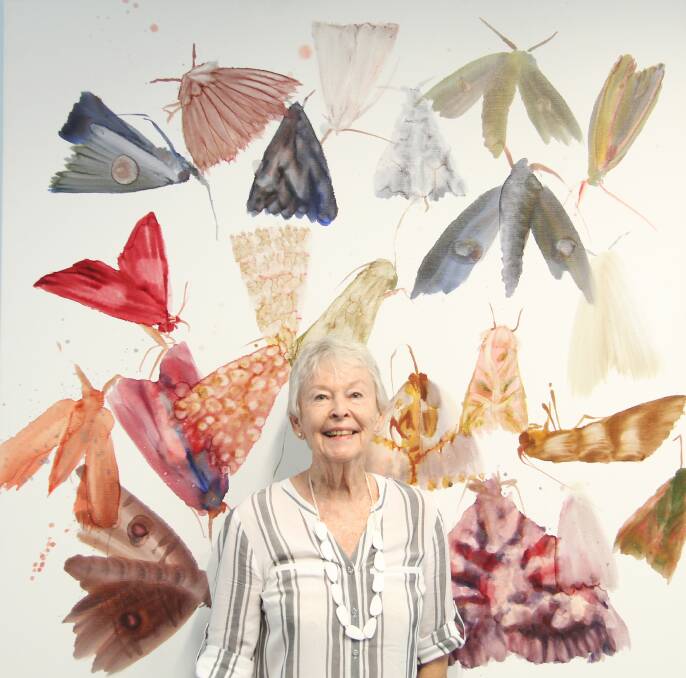 SELECTED: RAG Volunteer Gillian Rich with her favourite work - Allyson Reynolds, Lepidopterae 3 2005, oil on linen. Picture: Courtesy of the artist and Gillian Rich.