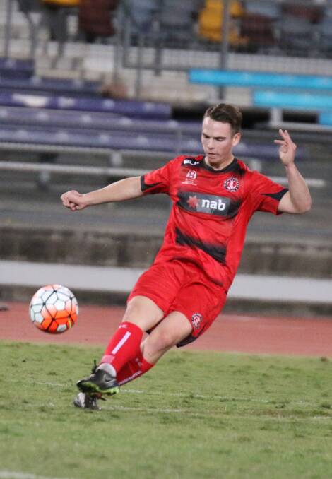 One of Redlands United's up and coming young players Sam Langley in action for the Red Devils. Picture: Ray Gardner
