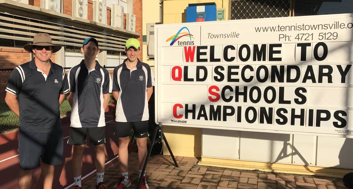 ON COURT: Redland Bay Tennis Club members Ashley Bierton (manager), Isaac and Dylan Goodhew were at the Qld Secondary Schools Championships last week.