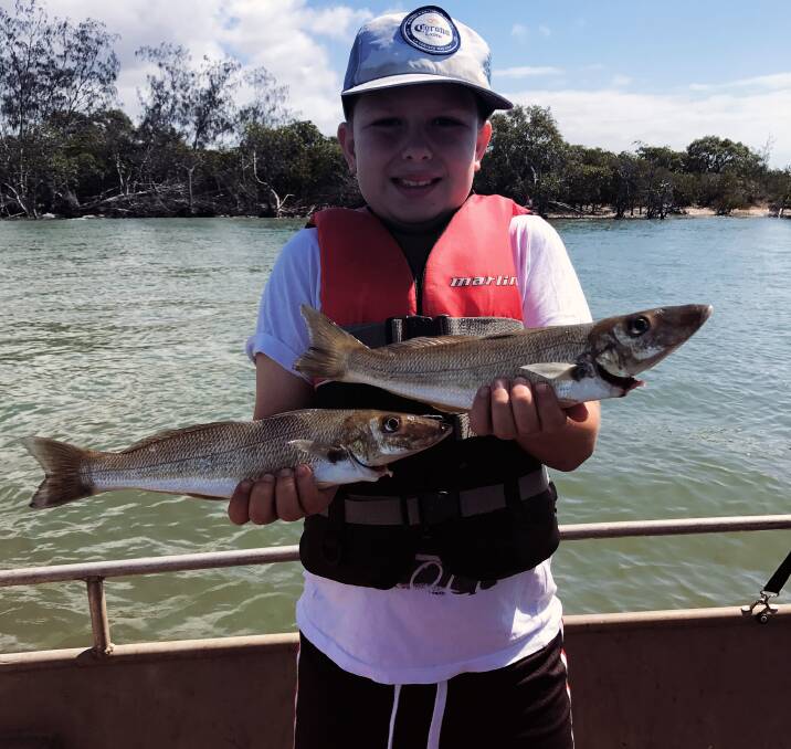 HOOKED: Ten-year-old fisherman Trent Brehmer with two 37cm whiting from Jumpinpin. Photo: Supplied
