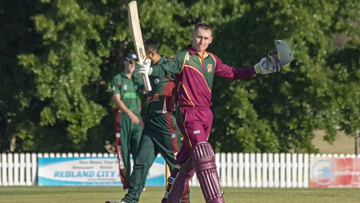 Raise the bat: Marnus Labuschagne scored a century in Redlands Tigers first round loss to South Brisbane on the weekend.Photo: Doug O’Neill.