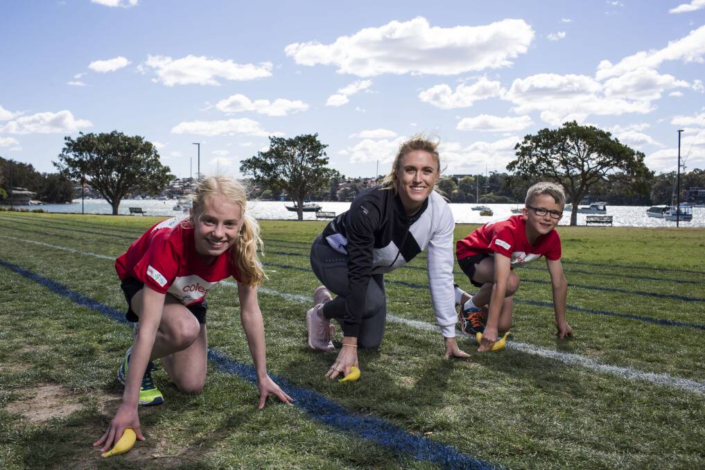 Ready, set, go: Sally Pearson with young athletes Ada Rand and Zach Schmidt. Photo: Supplied