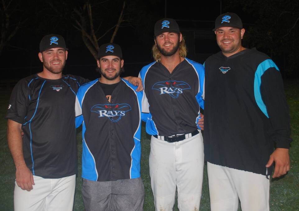Welcome to Rays: Redlands Rays imported players, Ben Andrews, Dustin Well, and Riley Moore with new head coach, Dudley Johnson. Photo: Supplied