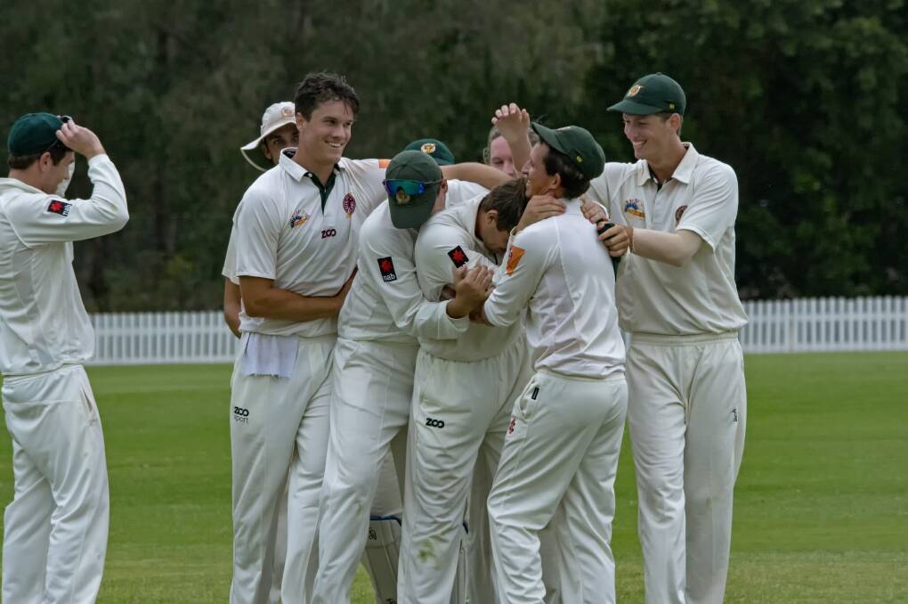 Teamwork: Tigers celebrate the taking of a wicket. photo: Doug O'Neill