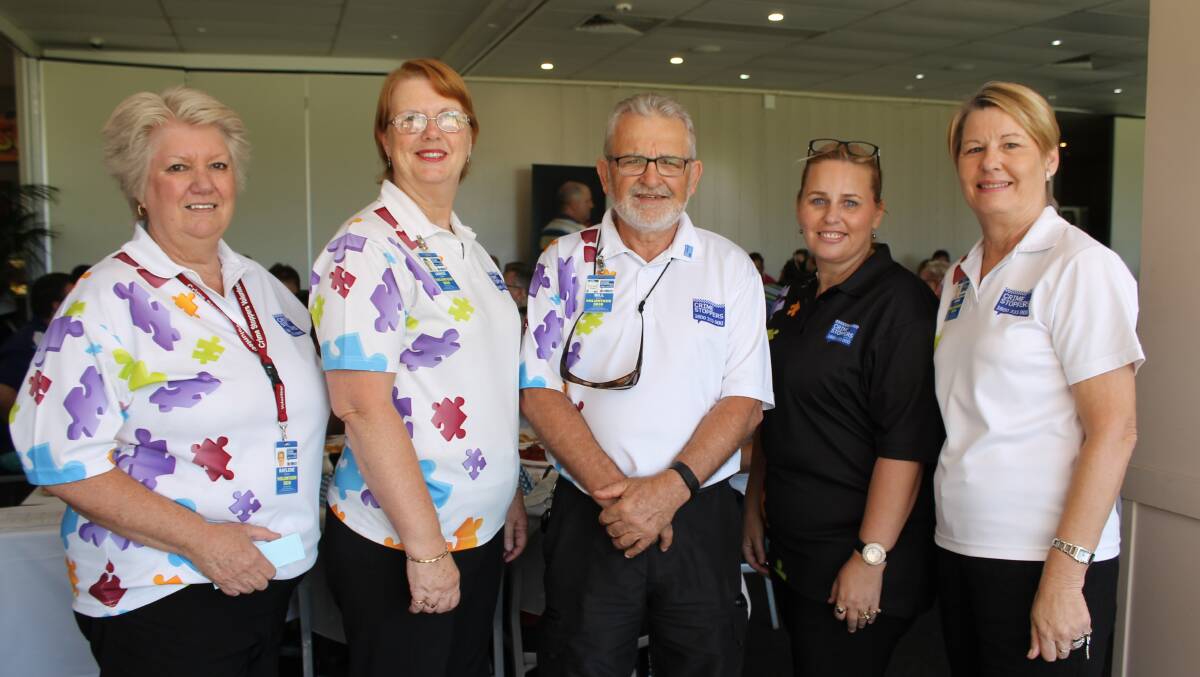 Crime Stoppers volunteers from the Brisbane Bayside branch Raylene Pascoe, Janice Dorber, Bill Green, Corinne Tomasi and Anne Fitzpatrick. Photo: Cheryl Goodenough