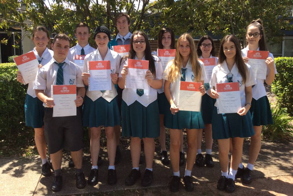 GUARANTEED ENTRY: Wellington Point State High School students who have guaranteed entry into Griffith University (back) Tamieka Whitefield, Callum Jackson, Matt Faulkner, Rebecca Lee, Tamzin Edwards, Kate Fraser and (front) Hayden Charlesworth, Caitlin Toovey, Annalise Kempthorne, Chloe Jones and Caitlin Thompson. Photo: Supplied