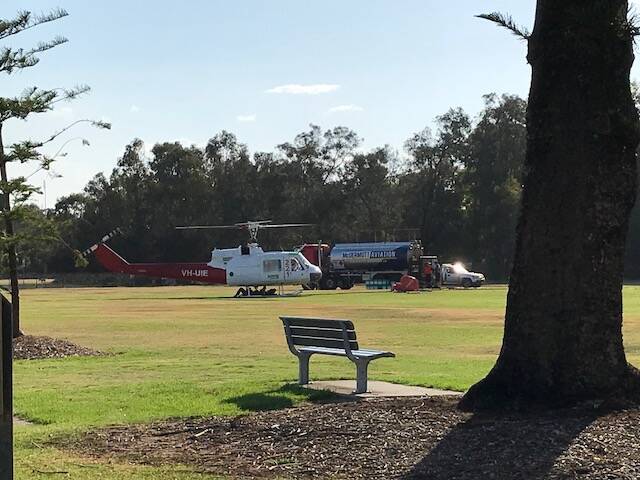 GJ Walter Park Cleveland 

REFUELING: Helicopters involved in fighting the fire on North Stradbroke Island were refuelling at a Cleveland park on the weekend, including from 5am until about 6.30pm on Sunday.