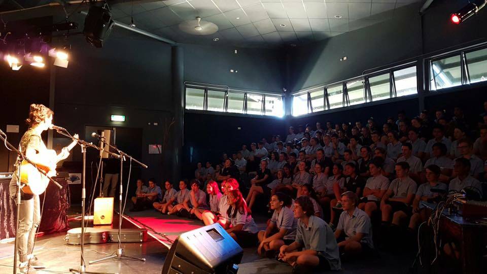 ON STAGE: Amy Shark performs for students at Capalaba State College. Photo: Supplied