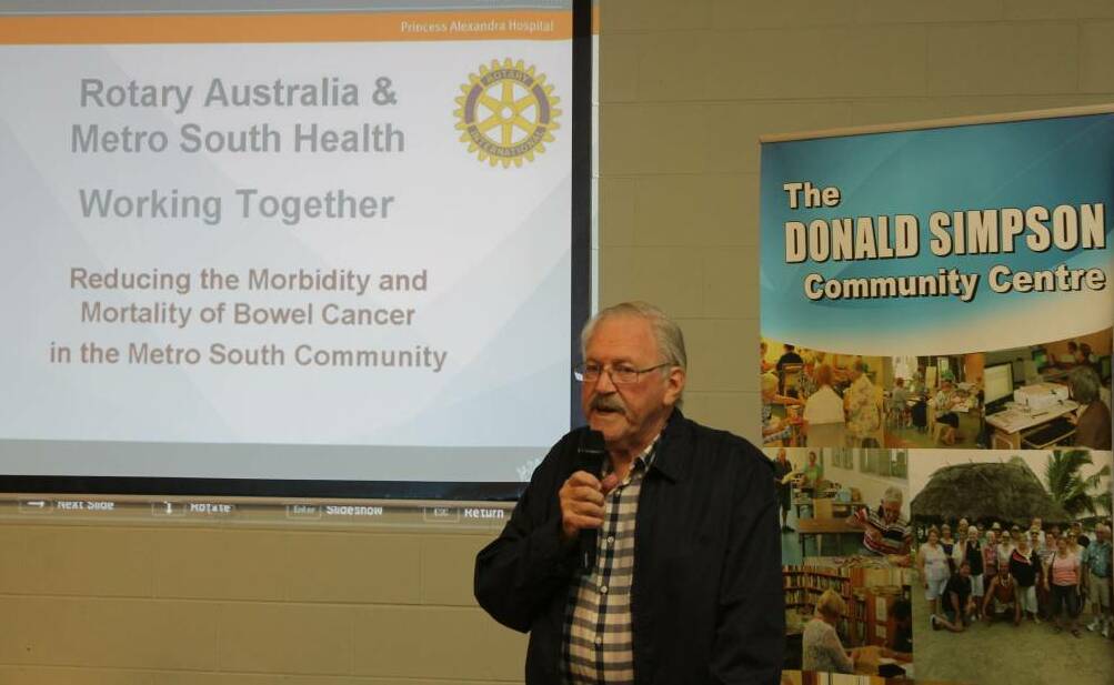 BOWELSCAN LAUNCH: Co-ordinator of the Bowelscan campaign for the Rotary district James Pollock speaks at last year's Redlands launch of the campaign. Photo: Cheryl Goodenough