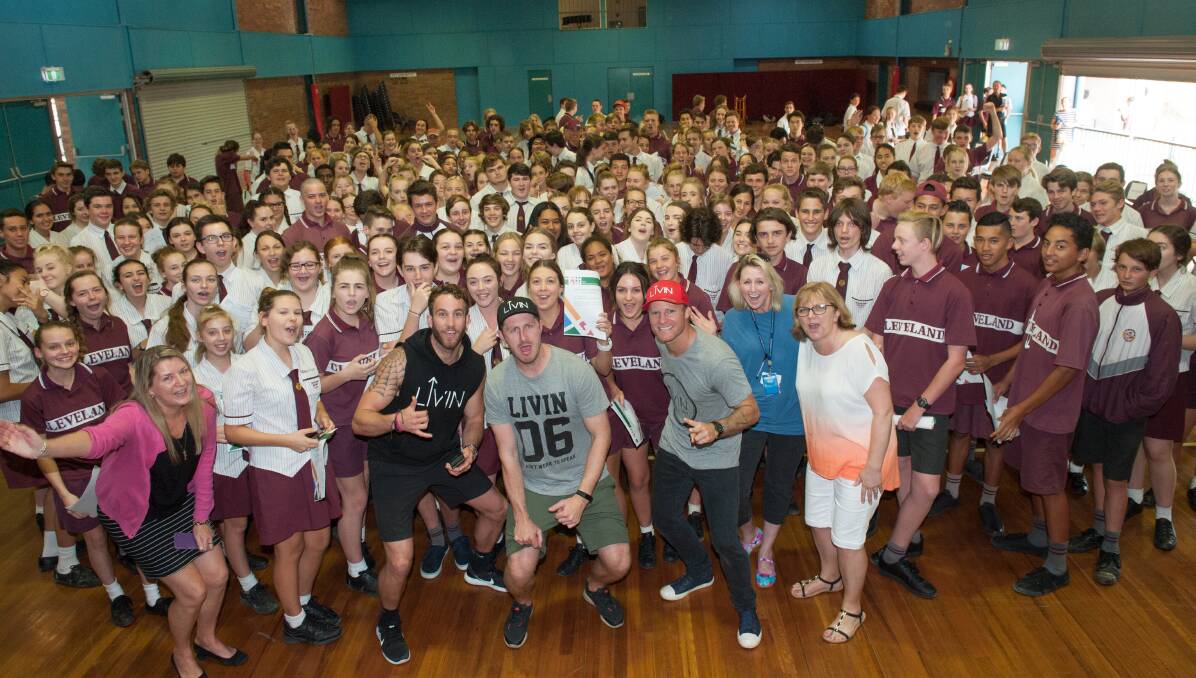 STUDENTS: Year 10 students from Cleveland District State High School with the founders of mental health and suicide prevention charity Livin at a special assembly. Photo: Supplied