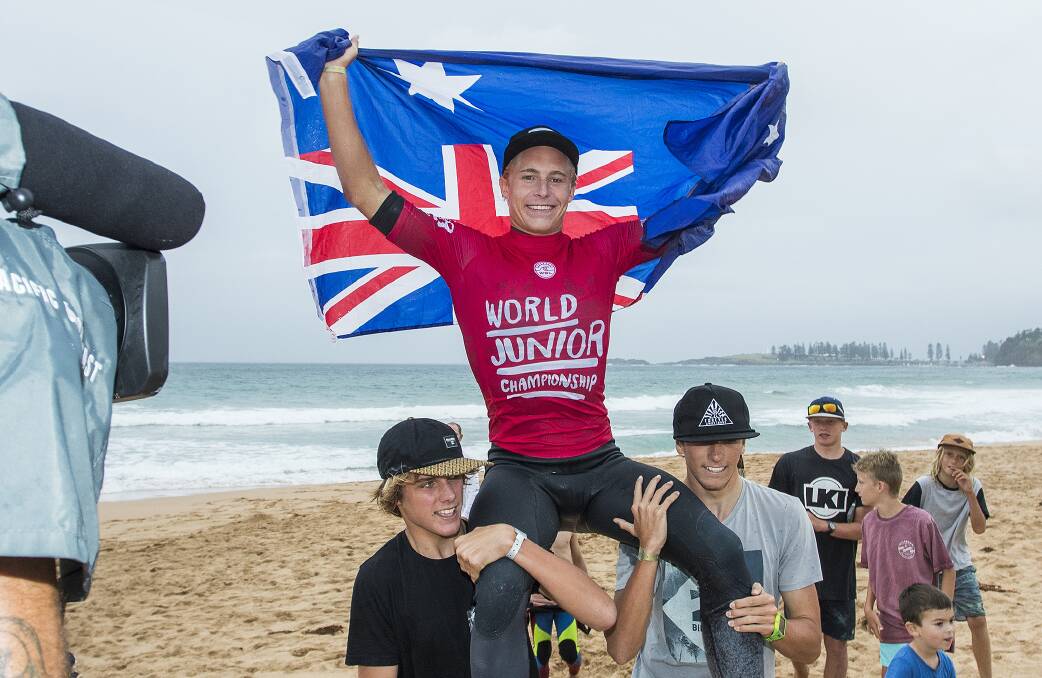 WORLD CHAMP: Ethan Ewing is the men's World Junior Champion after defeating Griffin Colapinto in the final at Kiama, NSW on Monday. Photo: WSL/Cestari