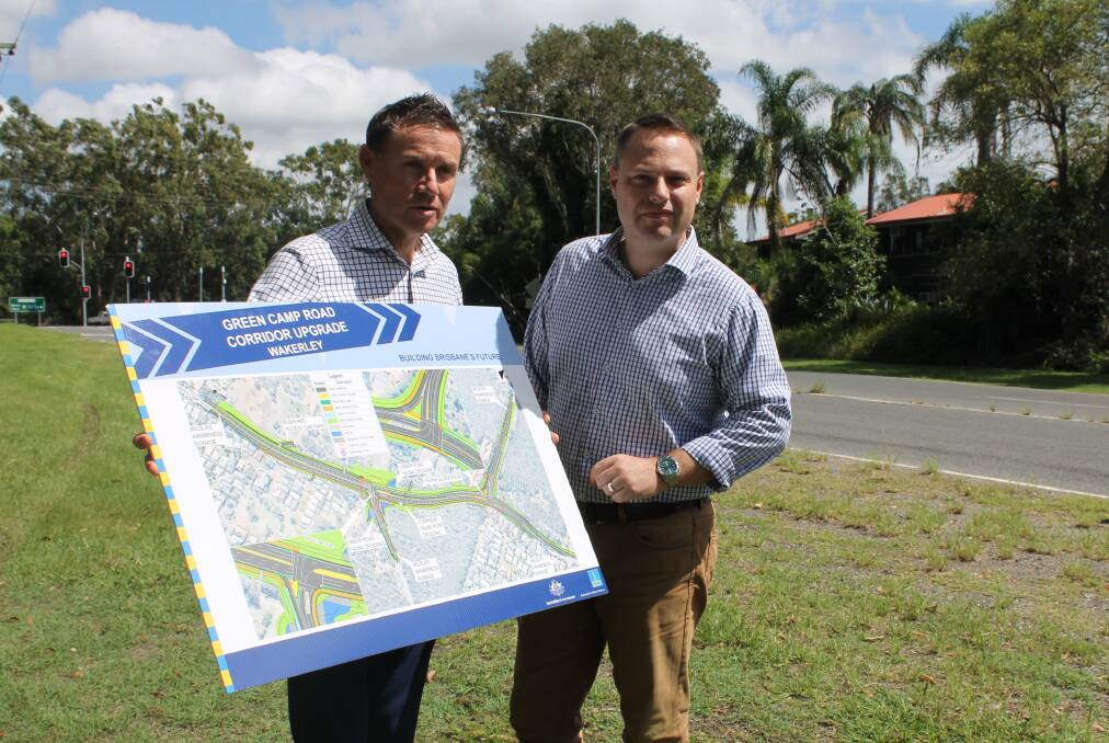 ROAD WORKS: MP Andrew Laming with Cr Adrian Schrinner of Brisbane at the announcement of an upgrade to Green Camp Road. Photo: Cheryl Goodenough