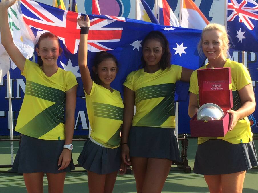 AUSTRALIANS: Redland Bay's Lara Walker with team mates Anastasia Berezov and Annerly Poulous, and coach Bryanne Crabbs. Photo: Supplied