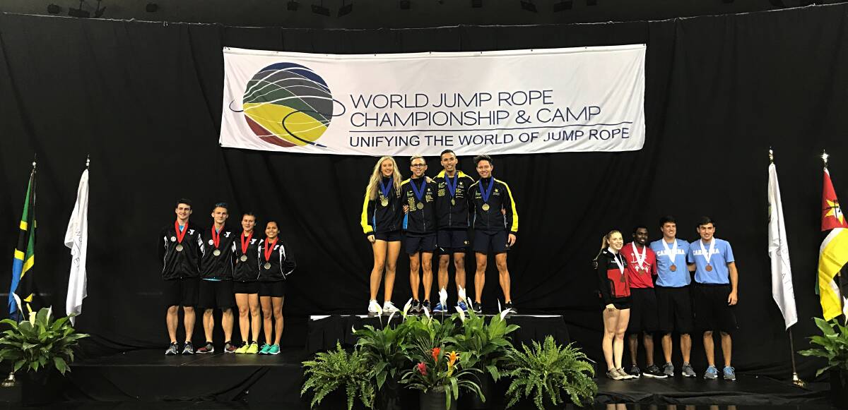 Cleveland Air Magic athletes Lilly Barker, Ben Cooper, Jake Eve and Luke Boon win gold at the World Jump Rope Championship. Photo: Supplied