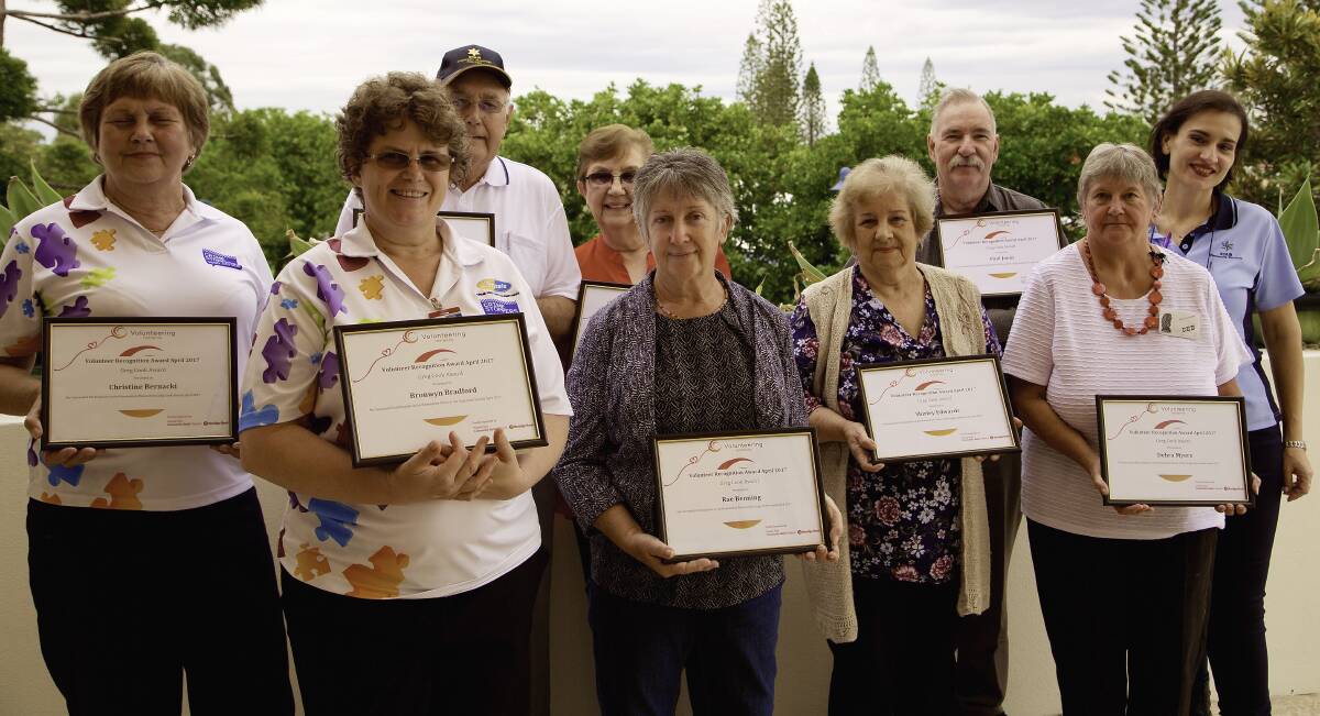 RECOGNISED: Christine Bernacki and Bronwyn Bradford (Crime Stoppers), 
Bert Maynard and Irene Maynard (Bay FM), Rae Benning (Southern Moreton Bay Island Food Growers Group), Shirley Edwards (Cicada Queensland), Paul Jones (Redland Museum) and Deb Myers (Calisto Park Equestrian Centre) with Nectaria Chronopoulos from Volunteering Redlands. Photo: Supplied