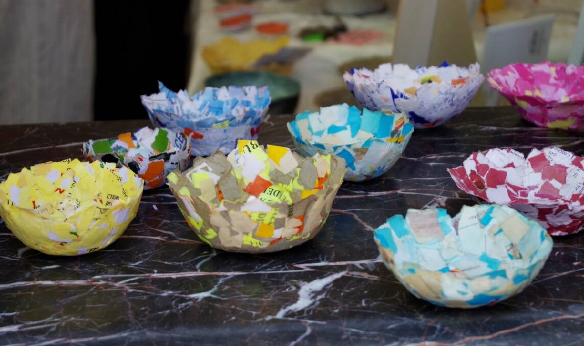 Bowls created by Narelle Renn using ripped and soaked old leaflets and paper.