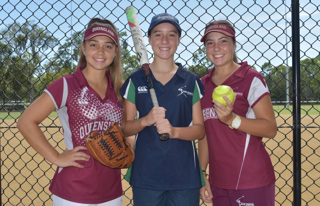SOFTBALL SISTERS: Dakota, Kiara and Shania Watson, of Wellington Point, played for Queensland at national softball championships this month. Photo: Hannah Baker
