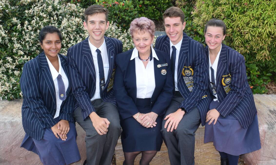 GREAT WORK: Vice captains Shreyasi Baruah and William Stewart with principal Dr Lyn Bishop and college captains Matthew Lane and Laura Dower. Photo: Supplied