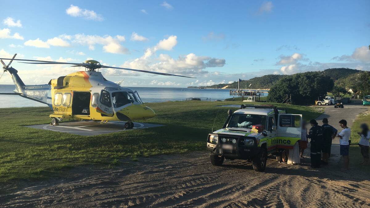 An RACQ LifeFlight rescue chopper was dispatched to Moreton Island to retrieve a Chinese man who had become distressed in the water.