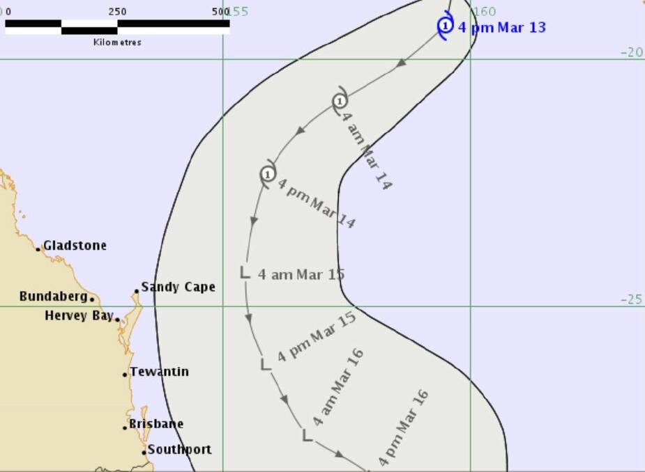  Tropical cyclone forecast track map issued by the Bureau of Meteorology at 4:17pm AEST on Tuesday, March 13 2018. Photo: Bureau of Meteorology