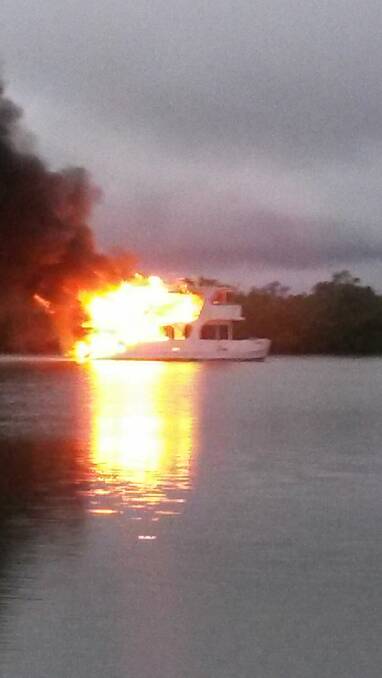 BOAT FIRE: Police and firies battled the blaze for about three hours last Tuesday, May 8 from 5.30pm but their efforts were not enough to save the vessel, which was destroyed. Photo: Supplied