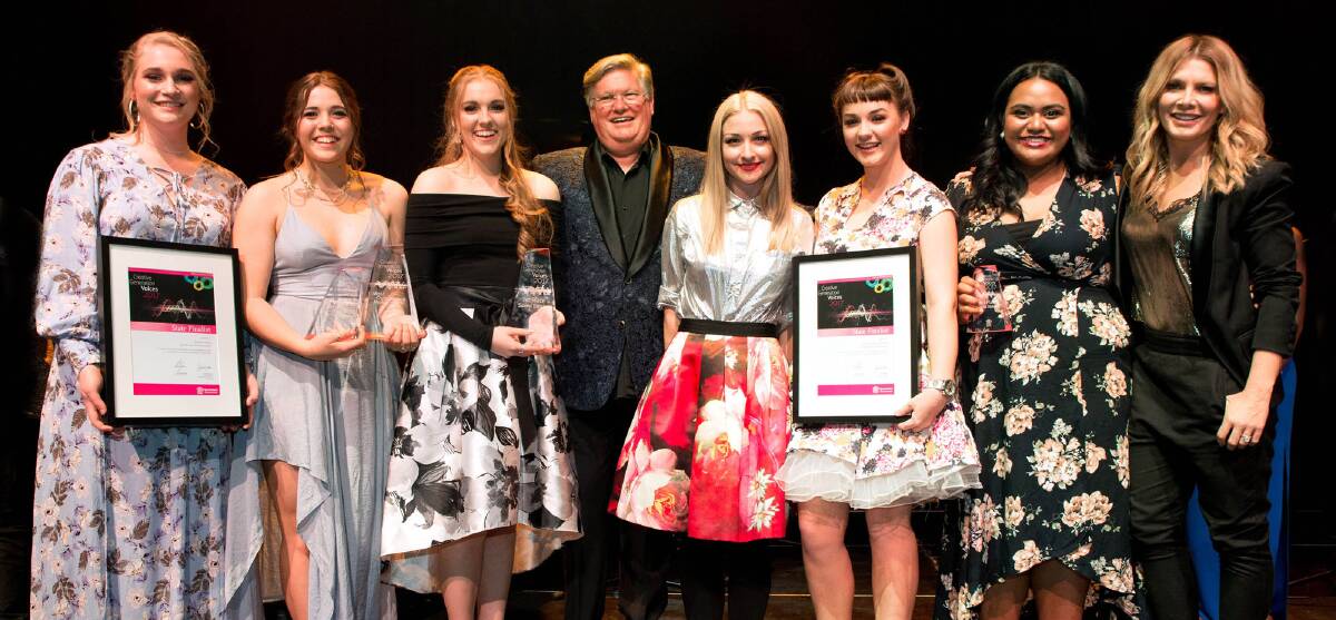 Gabriella Boumford (third from left) with other finalists and judges Simon Gallaher, Kate Miller-Heidke and Natalie Bassingthwaighte. Photo: Supplied