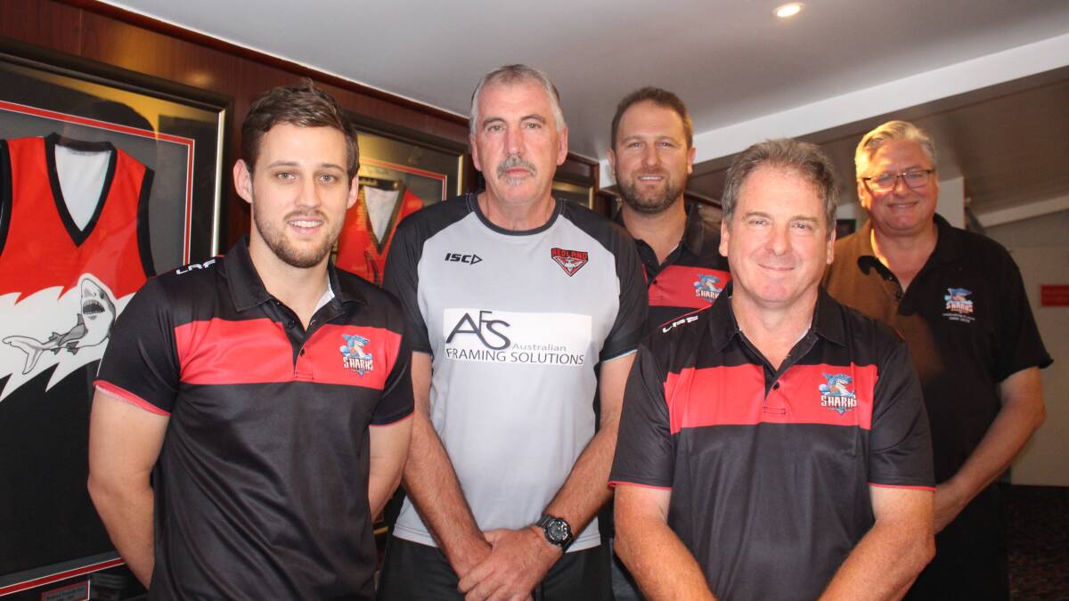 HALL OF FAME: Junior football operations officer Matthew David, Redland Football Club operations manager Martin King, Sporting Club president Jeff Middenway, Victoria Point Sharks Football club vice president Jeff Heath and Victoria Point Sharks Sports Club Manager Mal Cochrane.